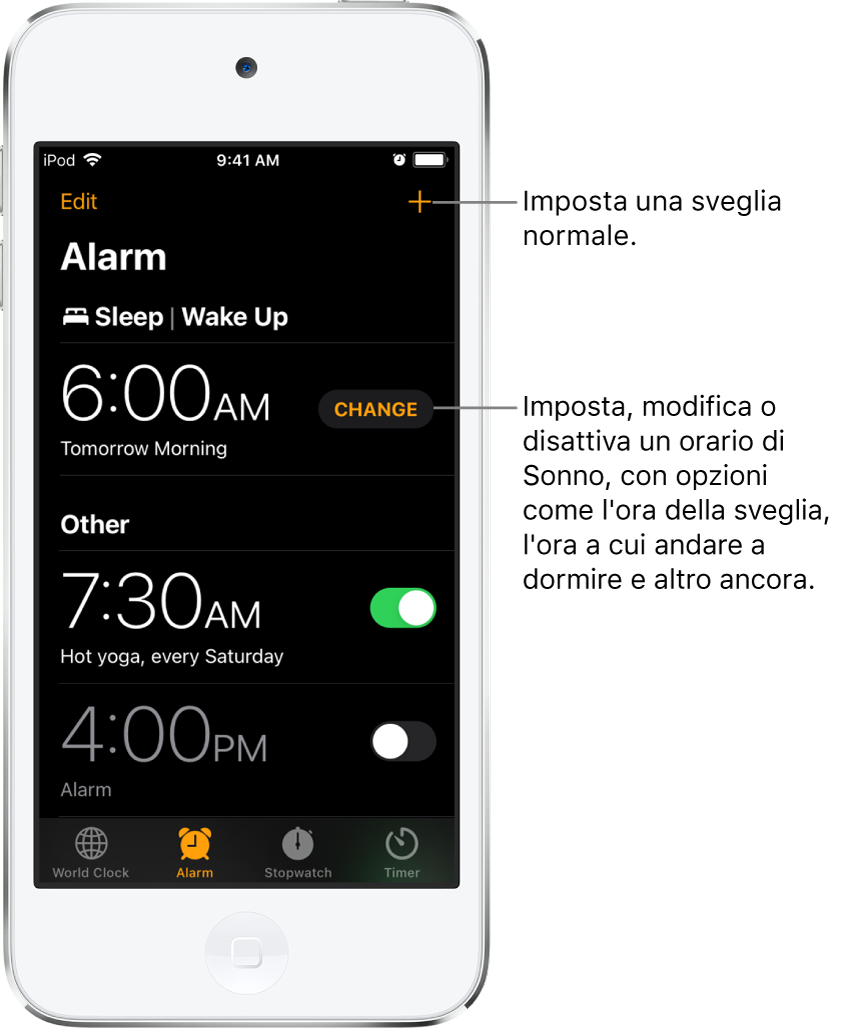 Il pannello Sveglia che mostra tre sveglie per vari orari, il pulsante per impostare una sveglia normale in alto a destra e la sezione Sveglia con un pulsante per modificare gli orari programmati per il sonno nell'app Salute.
