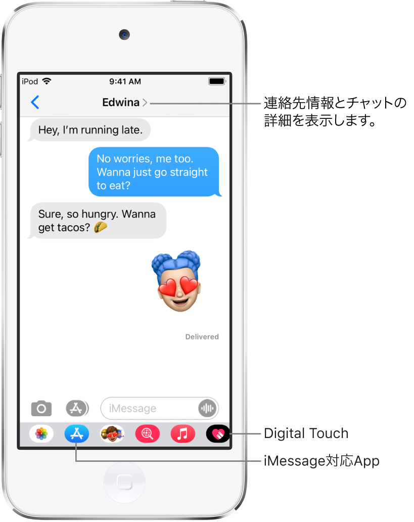 「メッセージ」の会話。上部には左から順に、戻るボタン、メッセージを送信する相手の名前があります。中央には、会話中に送受信されたメッセージが表示されています。下部には左から順に、「写真」、「Store」、「#イメージ」、「ミュージック」、「Digital Touch」、およびiMessage対応Appのボタンがあります。