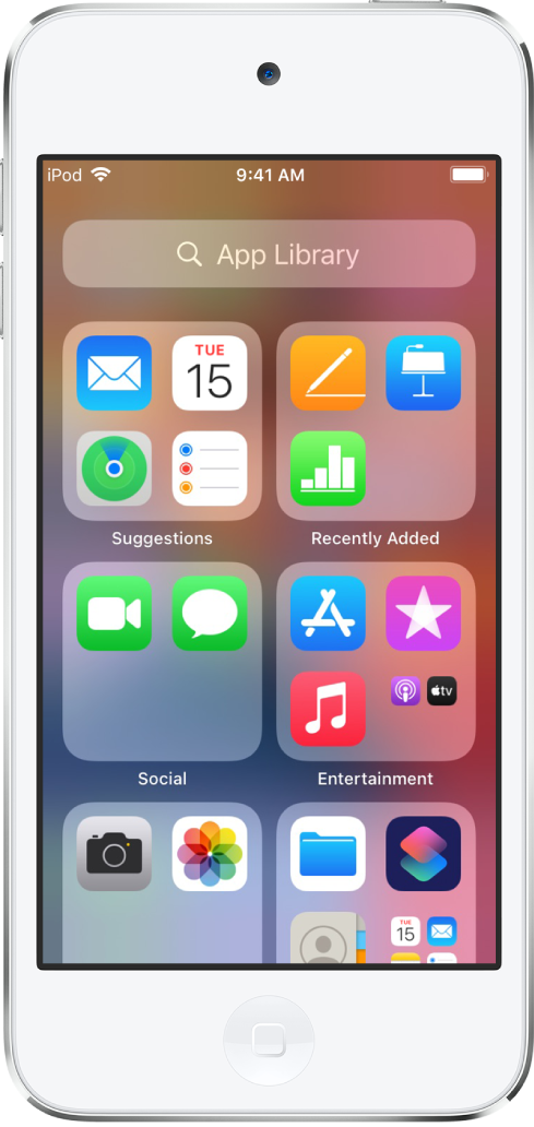 iPod touch 앱 보관함에 제안, 최근 추가된 항목, 소셜 미디어, 엔터테인먼트 등의 카테고리별로 정리된 앱이 표시되어 있음.
