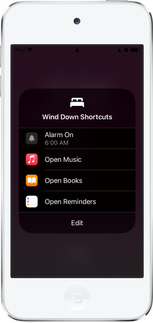 음악, 도서 및 미리 알림 앱을 여는 단축어가 있는 취침 준비 시간 단축어 화면.