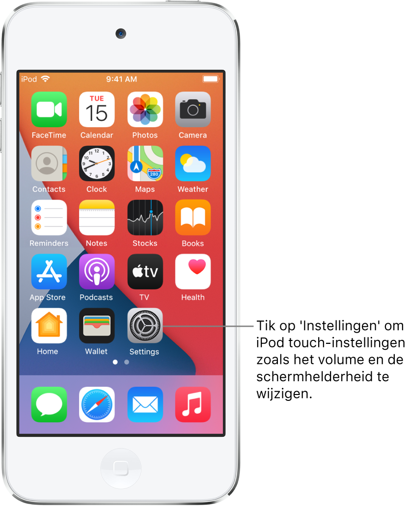 Het beginscherm met diverse appsymbolen, zoals het symbool van de Instellingen-app, waarop je kunt tikken om het volume, de schermhelderheid en andere iPod touch-instellingen te wijzigen.