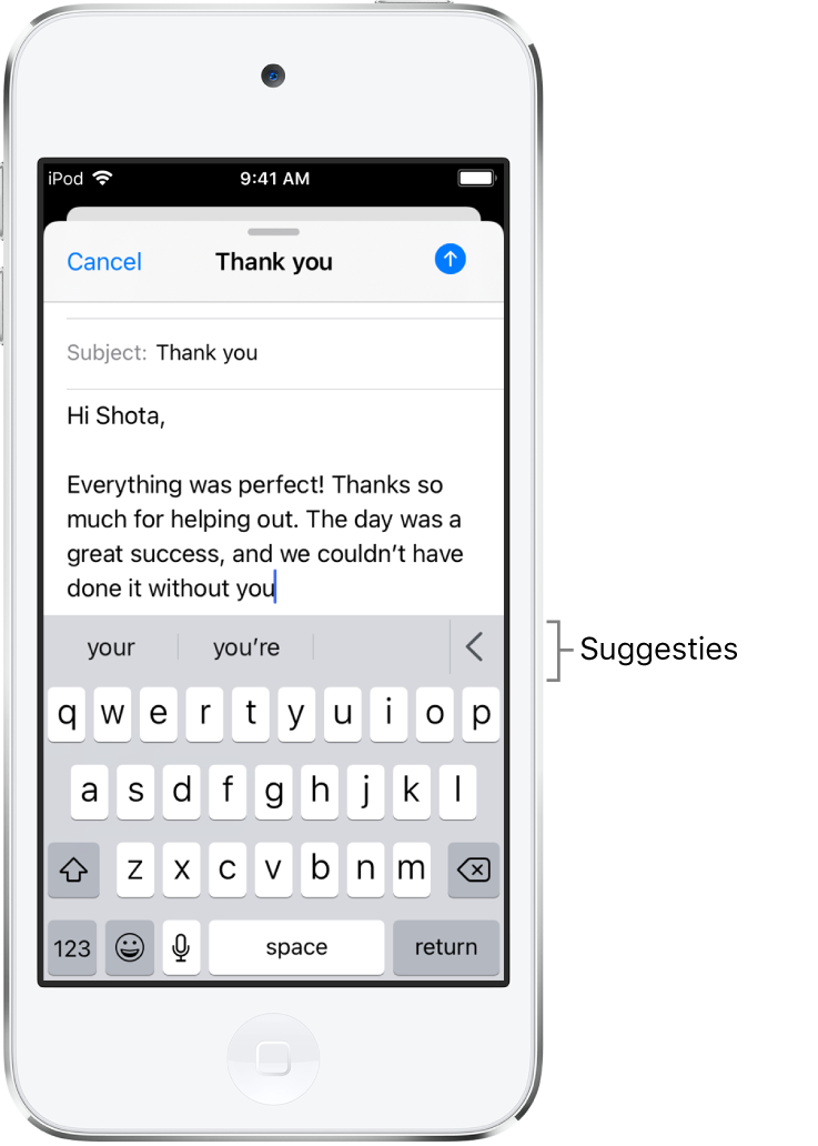 Een Mail-bericht met een e-mail die wordt bewerkt, met suggesties voor het volgende woord.