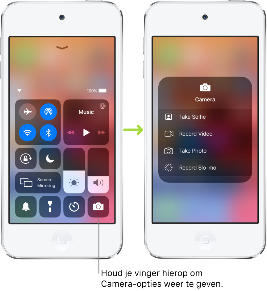 Twee bedieningspaneelschermen naast elkaar. In het linkerscherm staan regelaars voor de vliegtuigmodus, mobiele data, wifi en Bluetooth in de groep linksbovenin. In het bijschrift staat de instructie om je vinger op de Camera-knop rechtsonderin te houden om de Camera-regelaars weer te geven. In het rechterscherm staan de aanvullende opties voor Camera: 'Maak selfie', 'Neem video op', 'Maak foto' en 'Neem slowmotion op'.