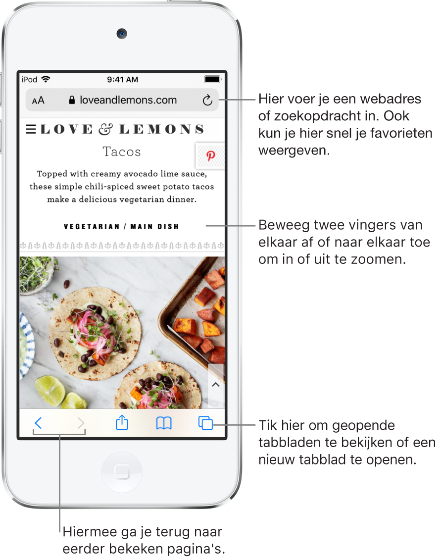 Een geopende website in Safari, met bovenin het adresveld. Onderin bevinden zich van links naar rechts de knoppen voor de vorige pagina, de volgende pagina, de deelknop, bladwijzerknop en paginaknop.