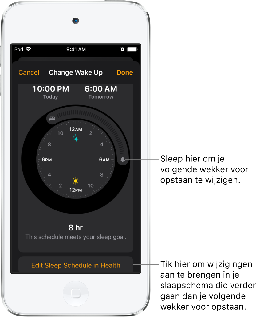 Een scherm voor het wijzigen van de wekker voor opstaan voor morgen, met knoppen voor het wijzigen van de bedtijd en wektijd en een knop voor het wijzigen van het slaapschema in de app Gezondheid.