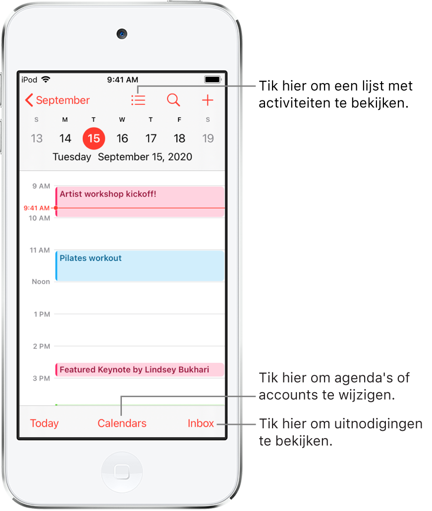 Een agenda in de dagweergave met de activiteiten van een dag. Tik op de 'Agenda's'-knop onder in het scherm om te schakelen tussen agenda-accounts. Tik op de knop 'Inkomend' rechtsonderin om uitnodigingen te bekijken.