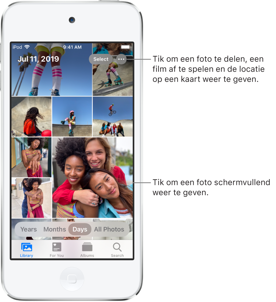 De fotobibliotheek in de weergave 'Dagen'. Een selectie van fotominiaturen vult het scherm. Linksboven in het scherm is te zien op welke datum en welke locatie de foto's zijn genomen. Rechtsboven staan de knoppen 'Selecteer' en 'Meer opties'. Onder de miniaturen staan opties om de fotobibliotheek in de weergaven 'Jaren', 'Maanden', 'Dagen' en 'Alle foto's' te zien. Onder in het scherm zie je de tabs 'Bibliotheek', 'Voor jou', 'Albums' en 'Zoek'.