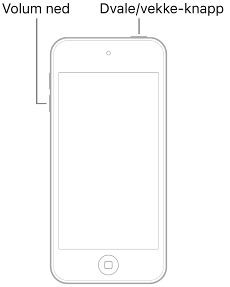 En illustrasjon av iPod touch med skjermen vendt mot deg. Dvale/vekke-knappen vises øverst på enheten, og Volum ned-knappen vises på venstre side av enheten.