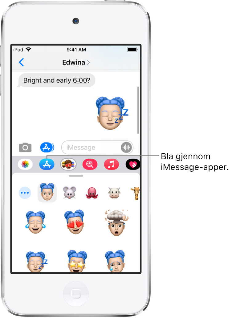 En Meldinger-samtale, med navigeringsknappen for iMessage-appen markert. Den åpne appskuffen viser smilefjesklistremerker.