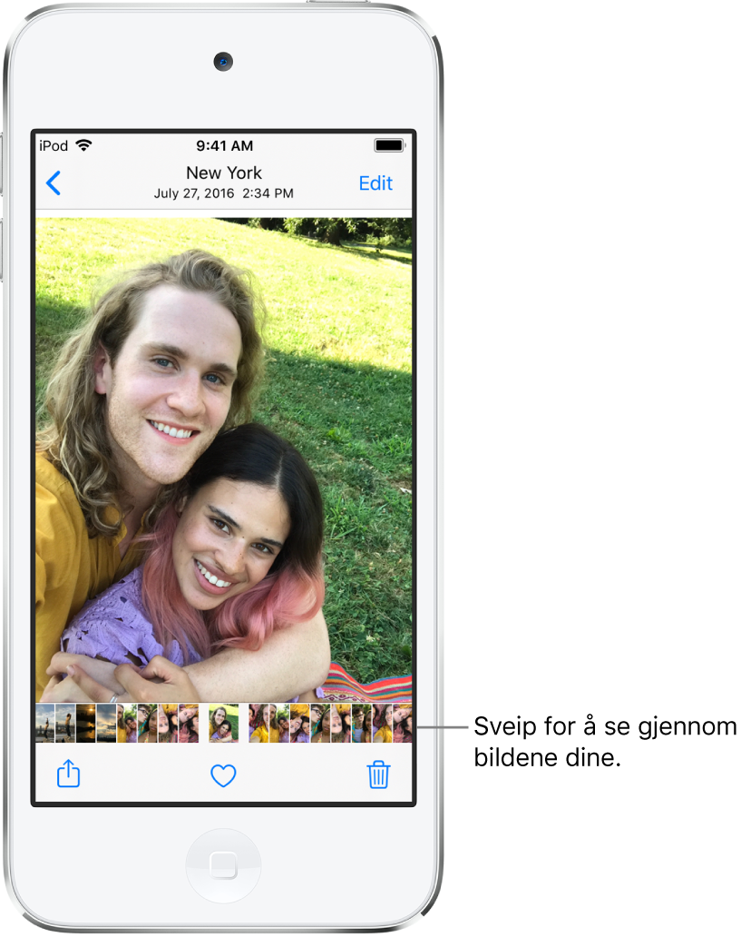 Et bilde med miniatyrbilder av andre bilder nederst på skjermen. Øverst til venstre er det en tilbake-knapp som tar deg tilbake til visningen der du holdt på. Nederst er Del-, Lik- og Slett-knappene. Øverst til høyre er Rediger-knappen.