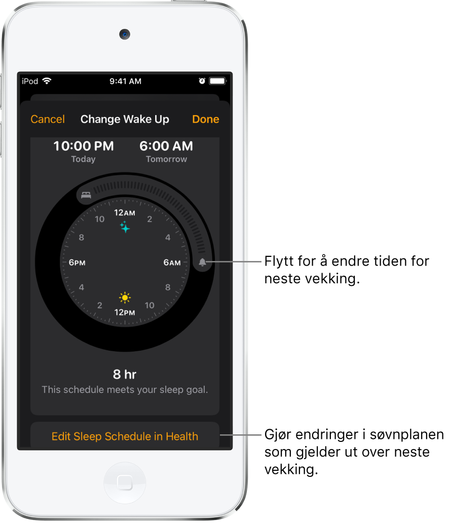 En skjerm for å endre Vekking-alarmen for i morgen, med skyveknapper for å endre leggetids- og vekkingstidspunktet og en knapp for å endre søvnplanen i Helse-appen.