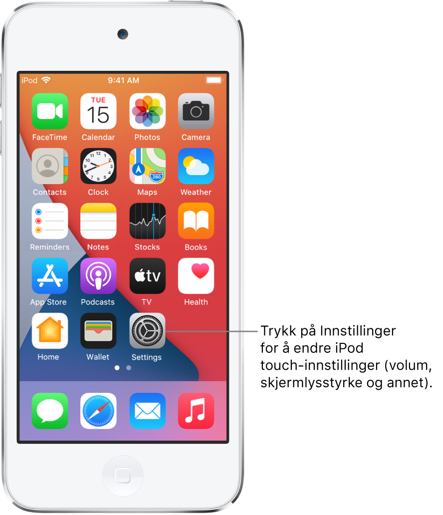 Hjem-skjermen med flere appsymboler, inkludert Innstillinger-symbolet, som du kan trykke på for å endre lydvolumet, lysstyrken på skjermen og annet på iPod touch.