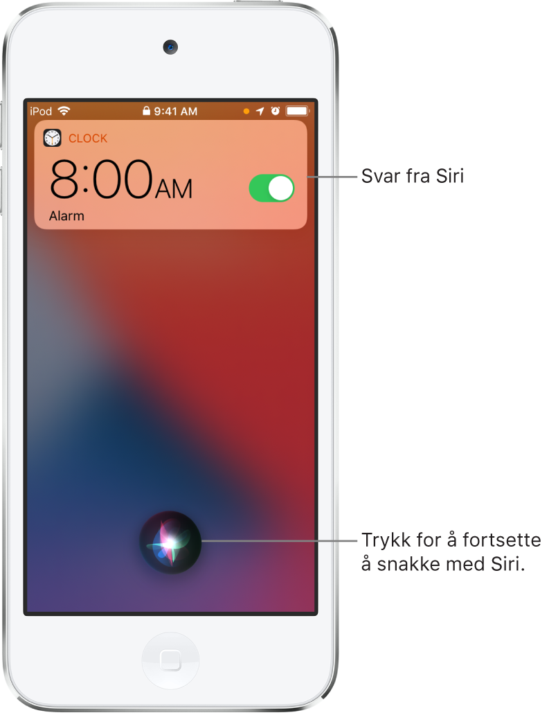 Siri på låst skjerm. Er varsling fra Klokke-appen viser at en alarm er satt til kl. 08:00. En knapp nederst i midten av skjermen brukes til å fortsette å snakke med Siri.