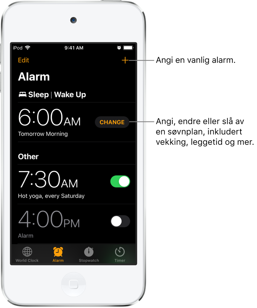 Alarm-fanen, som viser tre alarmer stilt inn til ulike tidspunkter, knappen for å stille inn en vanlig alarm øverst til høyre og Vekking-alarmen med en knapp for å endre søvnplanen i Helse-appen.