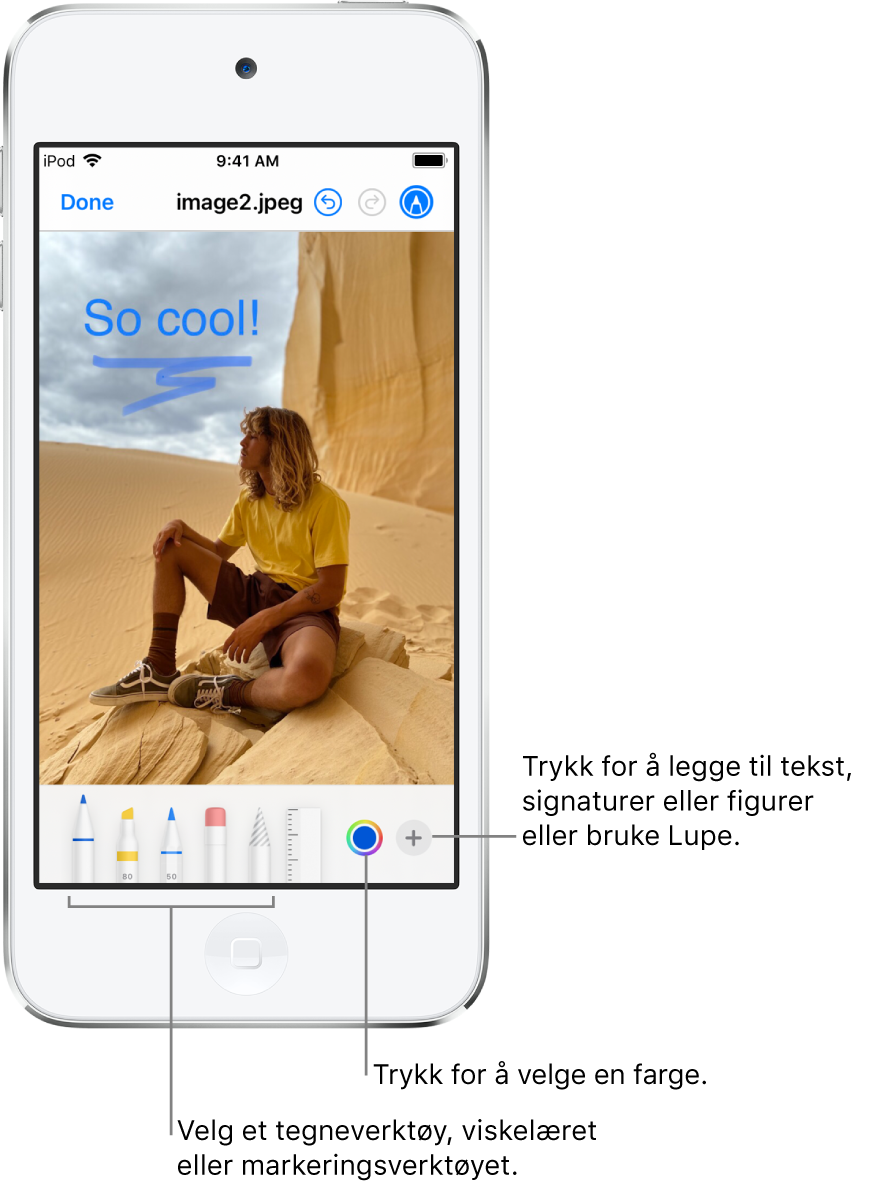 Et bilde i et Merking-vindu. Under bildet, fra venstre mot høyre, er knapper for merkevektøyene: tegnepenner, viskelær, markeringsverktøy, farger, og knapper for å legge til en tekstrute, signaturen din og figurer, og for å velge Lupen.