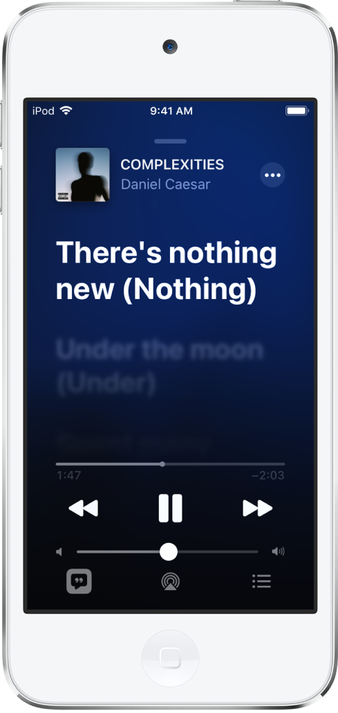 Sangtekst-skjermen viser sangtittel, artistnavn og Mer-knappen øverst. Tekstlinjen som synges, vises tydelig, og neste tekstlinje er nedtonet.