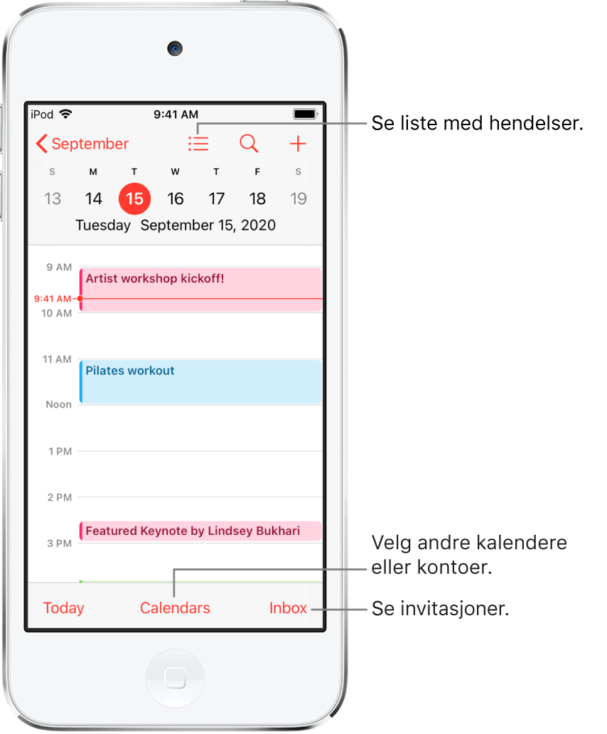 En kalender i dagsvisning som viser dagens hendelser. Trykk på Kalendere-knappen nederst på skjermen for å bytte kalenderkontoer. Trykk på Innboks-knappen nede til høyre for å se invitasjoner.