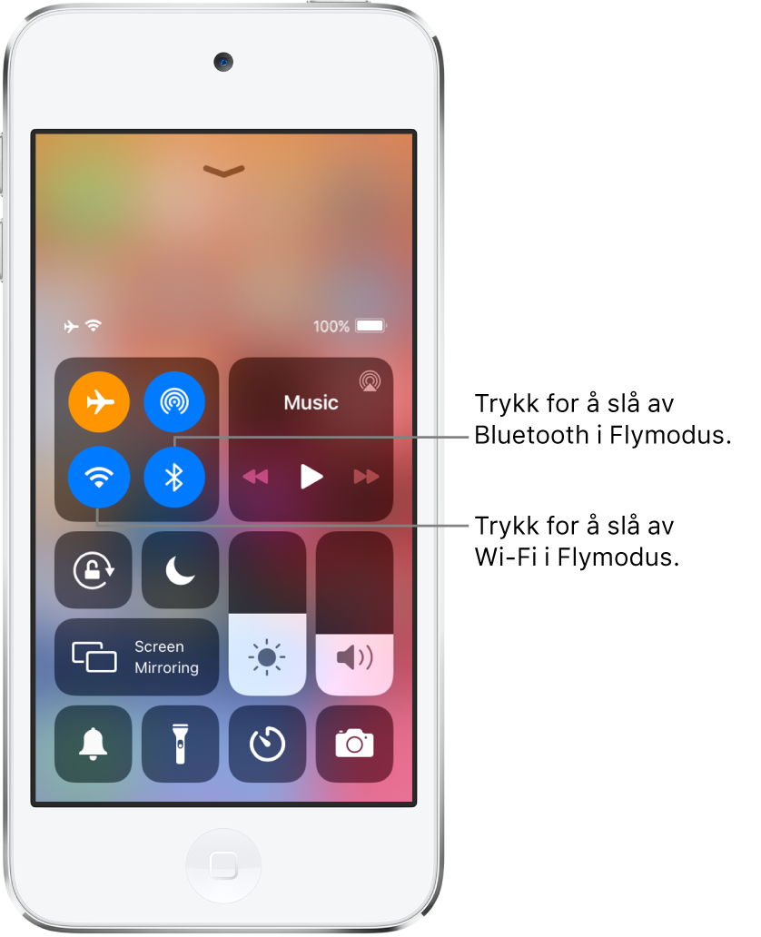 Kontrollsenter med flymodus på, og med tekst som forklarer at Wi-Fi slås av ved å trykke på knappen nederst til venstre i gruppen oppe til venstre, mens Bluetooth slås av ved å trykke på knappen nederst til høyre i samme gruppe.