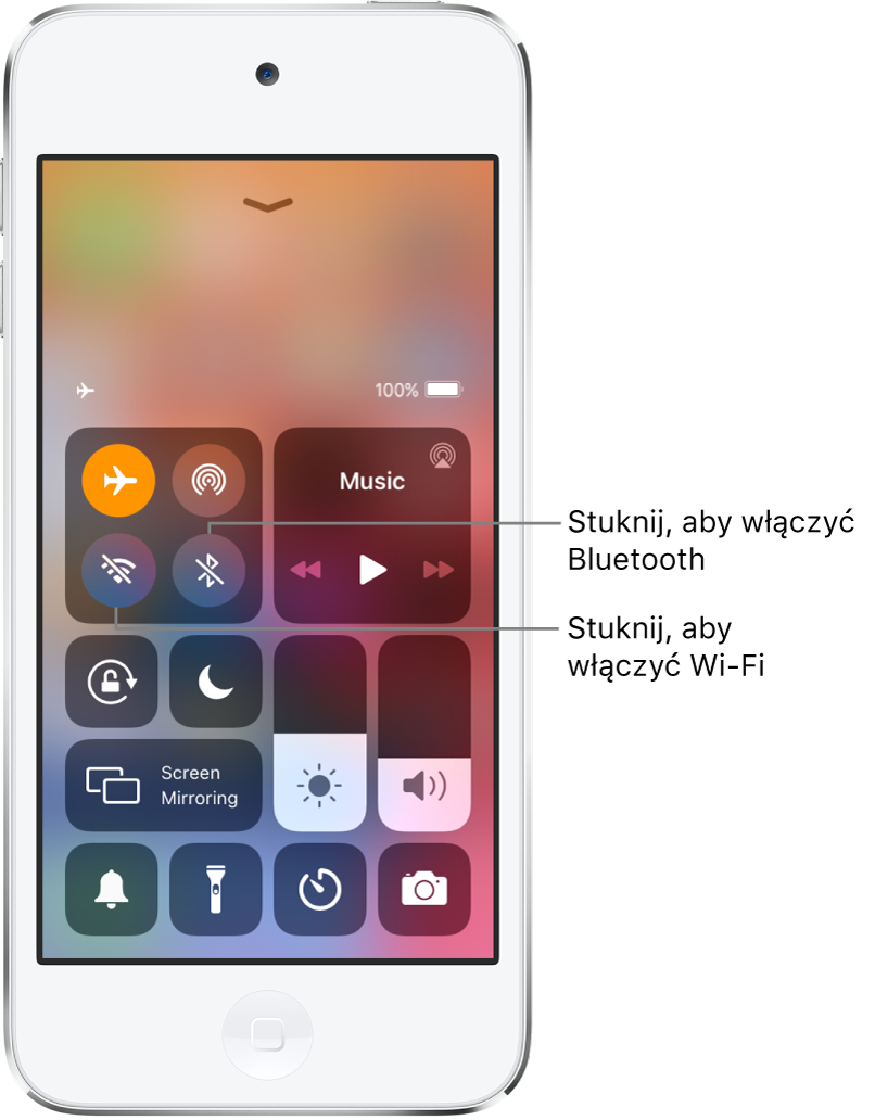 Centrum sterowania z włączonym trybem Samolot. W lewym górnym rogu ekranu widoczne są przyciski do włączania Wi‑Fi oraz Bluetooth.
