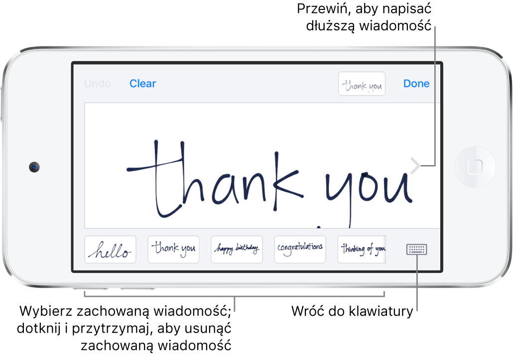 Ekran pisania z wyświetloną wiadomością odręczną. Na dole (od lewej) wyświetlane są zachowane wiadomości oraz przycisk wyświetlania klawiatury.