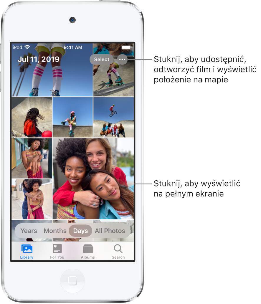 Biblioteka zdjęć w widoku dni. Ekran wypełniony jest miniaturkami zdjęć. W lewym górnym rogu ekranu widoczna jest data oraz miejsce wykonania zdjęć. W prawym górnym rogu znajdują się przyciski Wybierz oraz Więcej opcji. Poniżej miniaturek widoczne są opcje wyświetlania biblioteki zdjęć według lat, miesięcy i dni, a także wyświetlania wszystkich zdjęć. Na samym dole znajdują się karty Biblioteka, Dla Ciebie, Albumy oraz Szukaj.