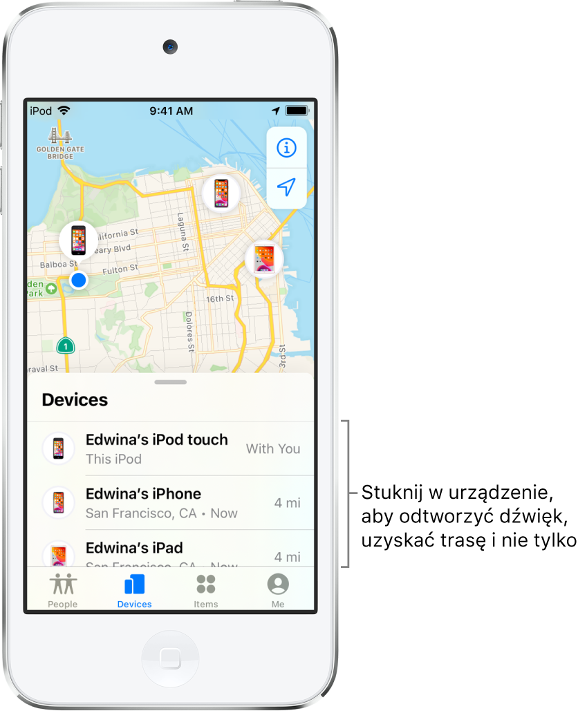 Karta Urządzenia w aplikacji Lokalizator. Lista Urządzenia zawiera trzy pozycje: iPod touch (Ewelina), iPhone (Ewelina) oraz iPad (Ewelina). Ich położenie jest wyświetlane na mapie San Francisco.