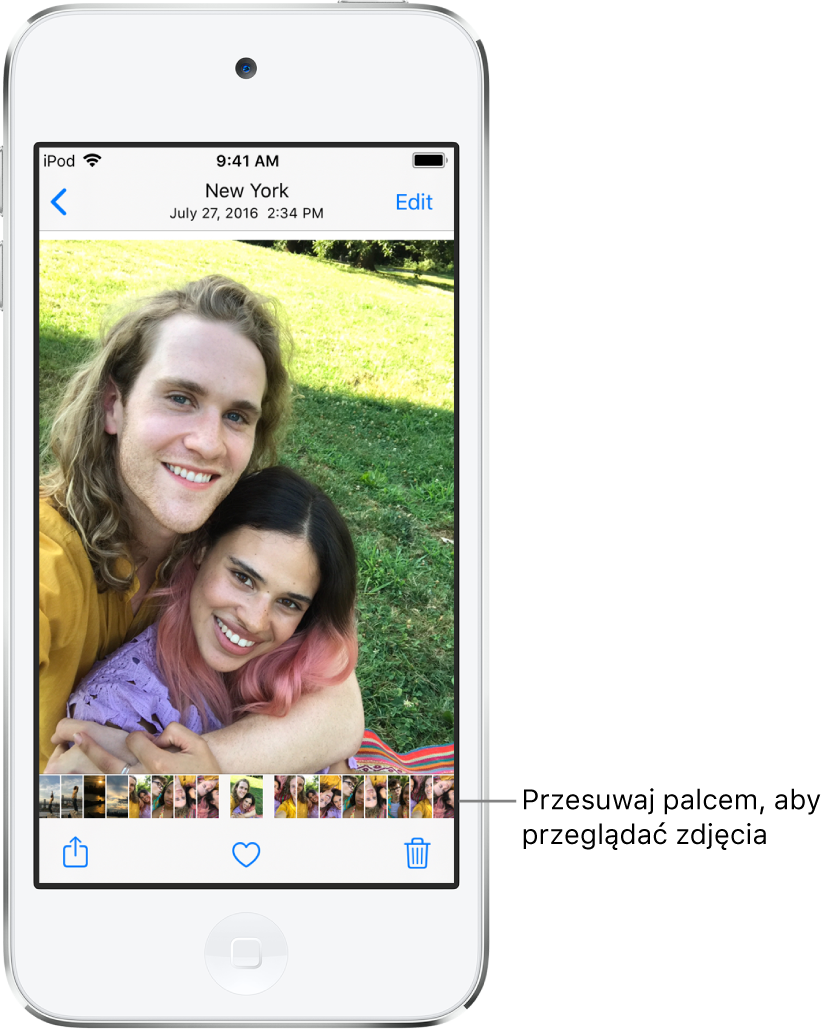 Wyświetlone zdjęcie; u dołu ekranu widoczne są miniaturki innych zdjęć. W lewym górnym rogu znajduje się przycisk powrotu, który pozwala wrócić do poprzedniego widoku. Na dole widoczne są przyciski udostępniania, oznaczania jako ulubione i usuwania. W prawym górnym rogu znajduje się przycisk edycji.