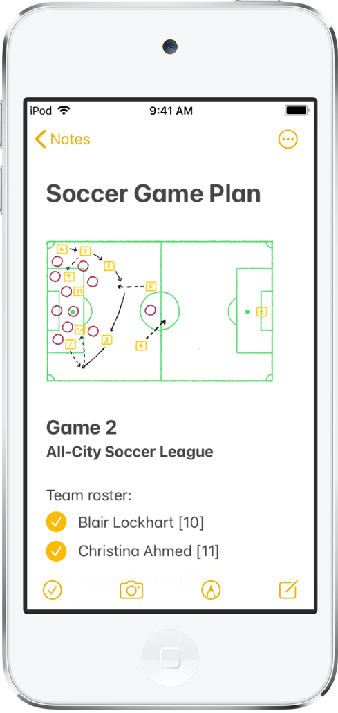 Nota mostrando texto com ideias para reformar a cozinha e uma checklist de tarefas. Há botões para colaborar com outras pessoas na nota e para compartilhar a nota. Há botões na parte inferior para apagar a nota, adicionar uma checklist, adicionar uma foto ou escanear um documento, mostrar ferramentas de escrita manual e criar uma nova nota.