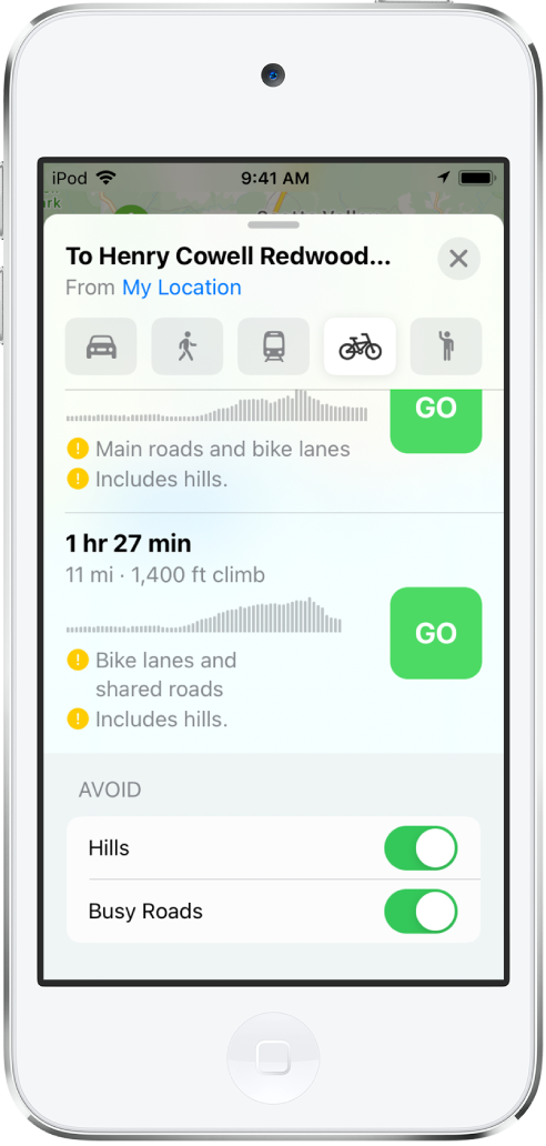 Lista de rotas de bicicleta. O botão Ir aparece em cada rota, além de informações sobre a rota, incluindo o tempo estimado, alterações de elevação e tipos de vias.