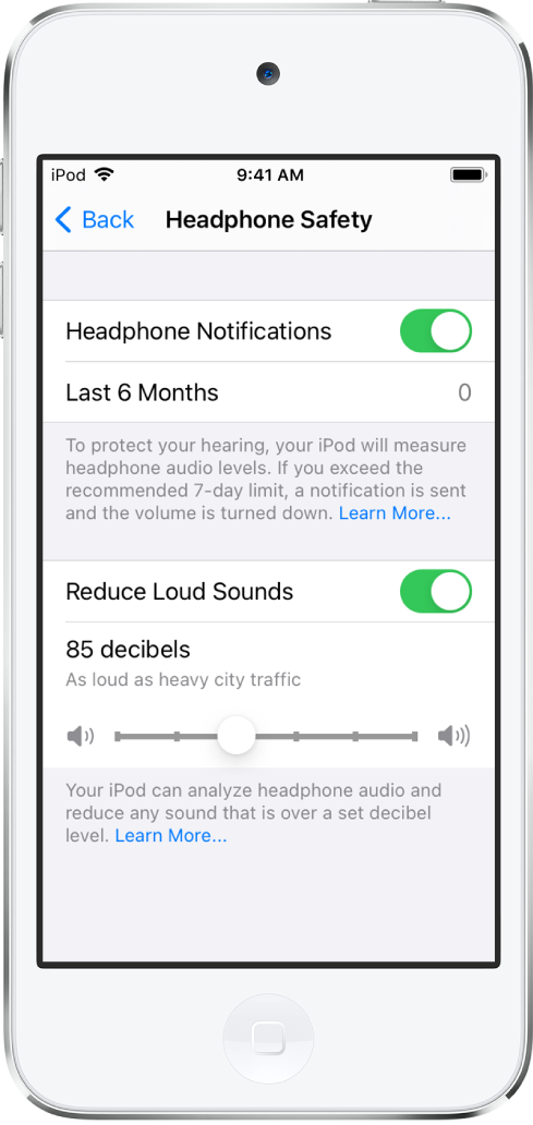 Tela da Segurança de Fone de Ouvido mostrando o botão para desativar as Notificações de Fone de Ouvido, o número de notificações de fone de ouvido enviadas nos últimos 6 meses, o botão para ativar ou desativar o ajustes de Limite de Volume, um controle para alterar o nível máximo de decibéis e o limite de decibéis selecionado em 85 decibéis.