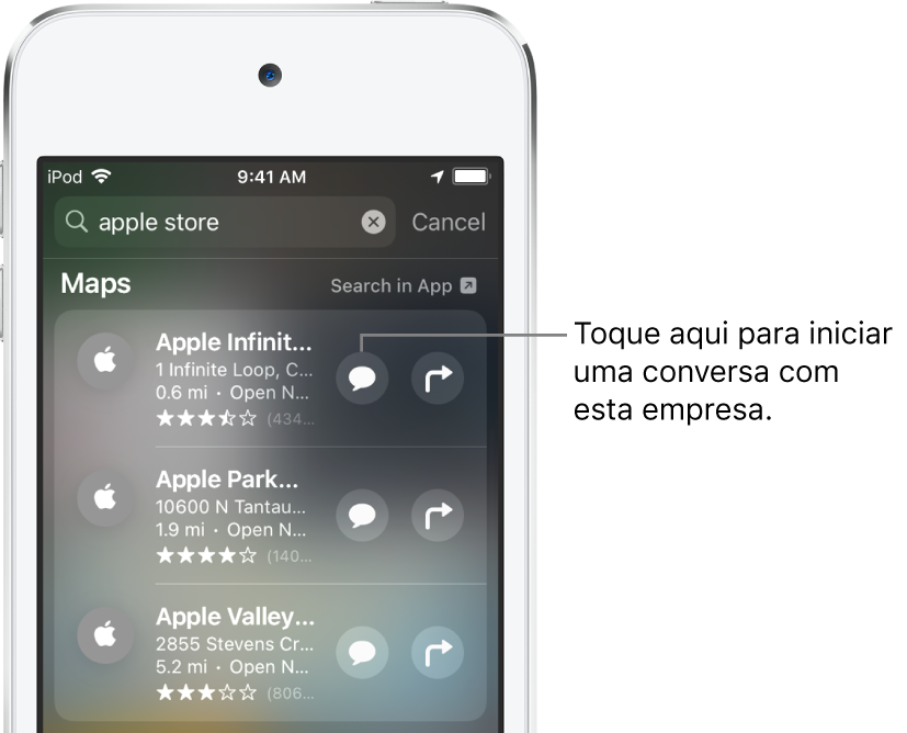Tela Buscar mostrando itens encontrados no app Mapas. Cada item mostra uma breve descrição, classificação ou endereço, e cada site mostra um URL. O segundo item mostra um botão que pode ser tocado para iniciar um chat de negócios com a Apple Store.
