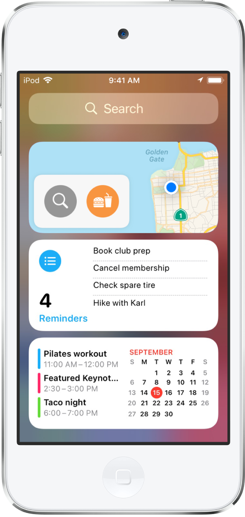 Widget do app Mapas e outros dois widgets na tela do iPod touch.