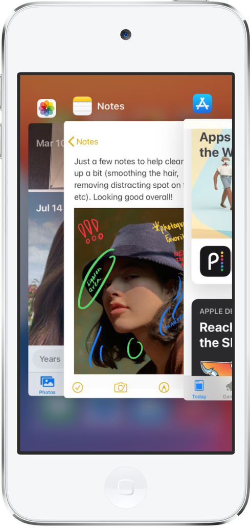 Seletor de Apps. Os ícones dos apps abertos aparecem na parte superior e a tela atual de cada app aparece abaixo do seu ícone.