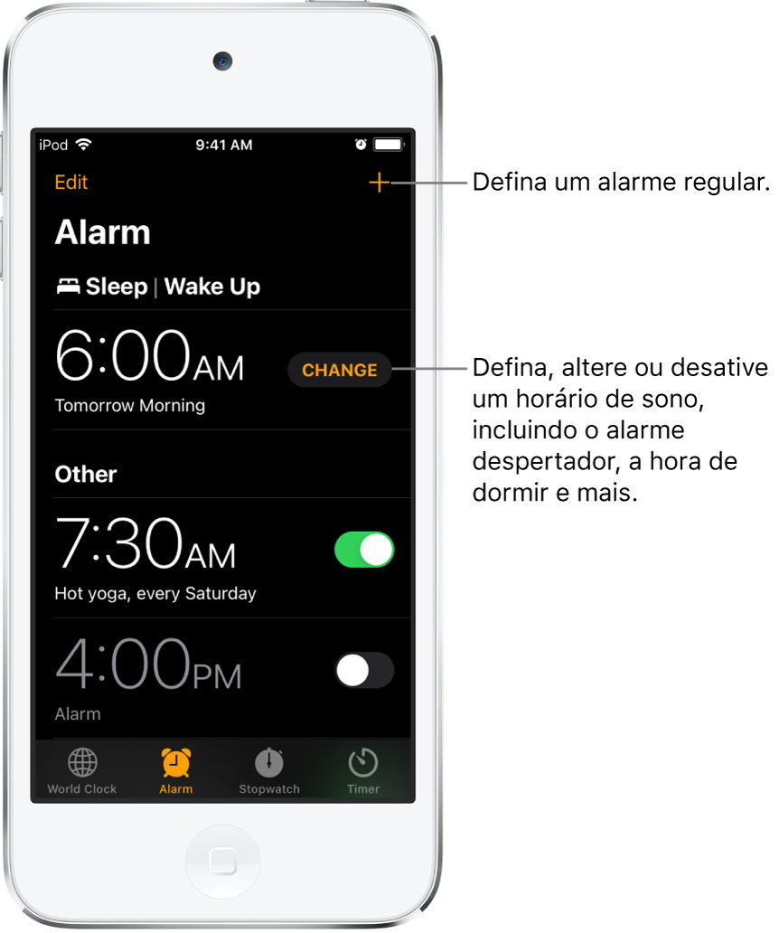 A aba Alarme mostrando três alarmes definidos para vários horários, o botão para definir um alarme regular na parte superior à direita e o alarme Despertador com um botão para alterar os horários de sono no app Saúde.