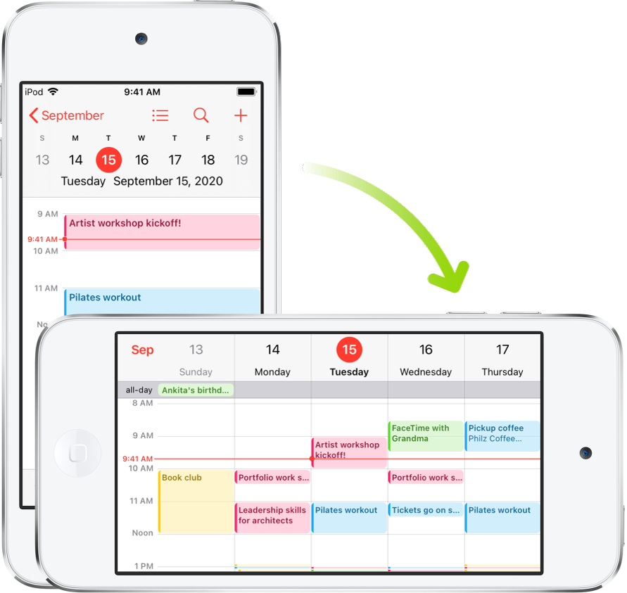 Em segundo plano, o iPod touch exibe uma tela do Calendário mostrando os eventos de um dia na orientação vertical; em primeiro plano, o iPod touch se encontra girado para a orientação horizontal, a qual exibe os eventos do Calendário da semana inteira que contém o mesmo dia.