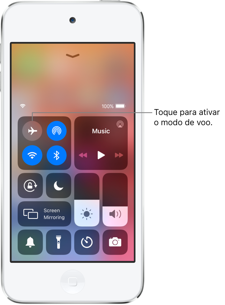 Um ecrã com a central de controlo com uma chamada a explicar que tocar no botão no canto superior esquerdo ativa o modo de voo.