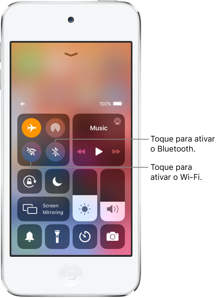 Central de controlo com o modo de voo ativado. Os botões para ativar o Wi-Fi e Bluetooth estão junto ao canto superior esquerdo do ecrã.