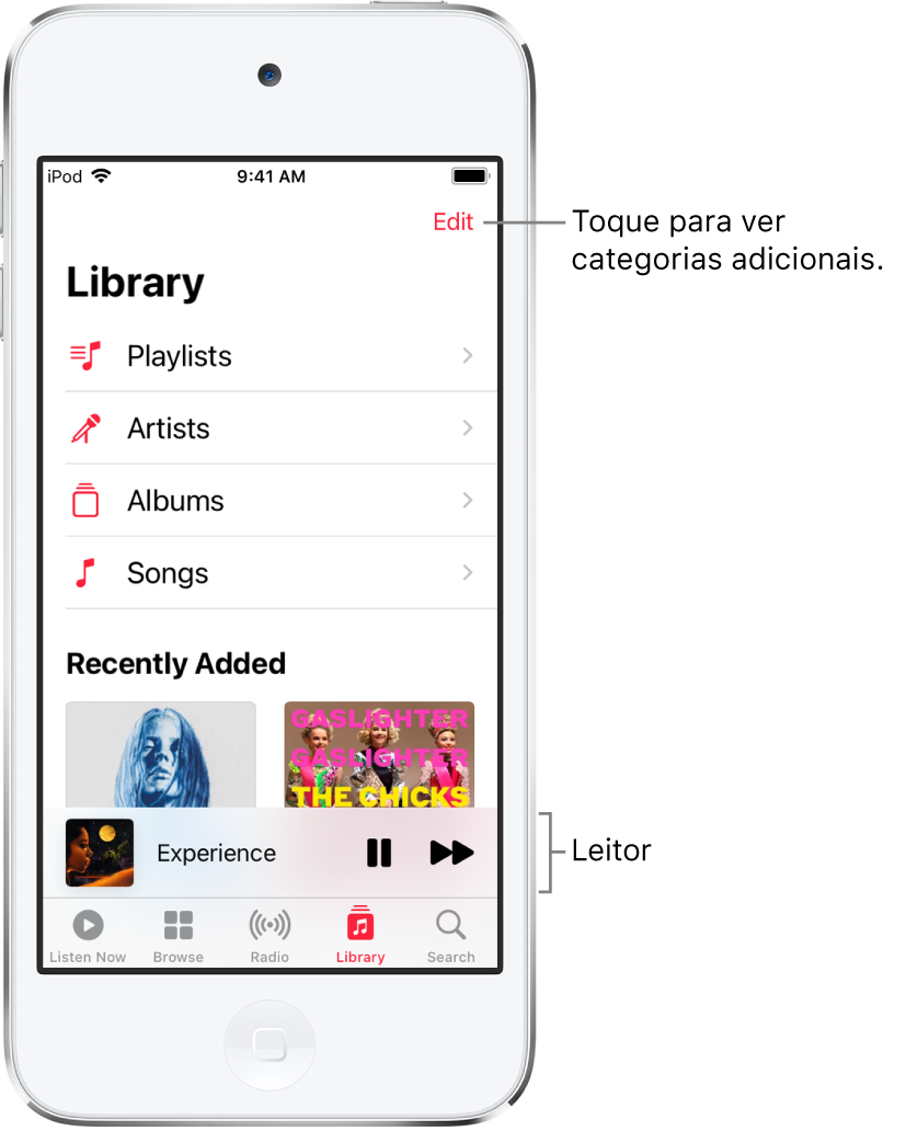 O ecrã Biblioteca a mostrar uma lista de categorias, incluindo as “Listas de reprodução”, Intérpretes, Álbuns e Músicas. O título “Adicionadas recentemente” é apresentado por baixo da lista. O leitor com o título da música atual e os botões Pausar e Seguinte ao fundo.