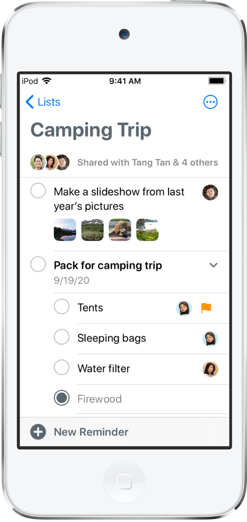 Ecrã de Lembretes com uma lista de lembretes. O botão “Novo lembrete” está no canto inferior esquerdo.