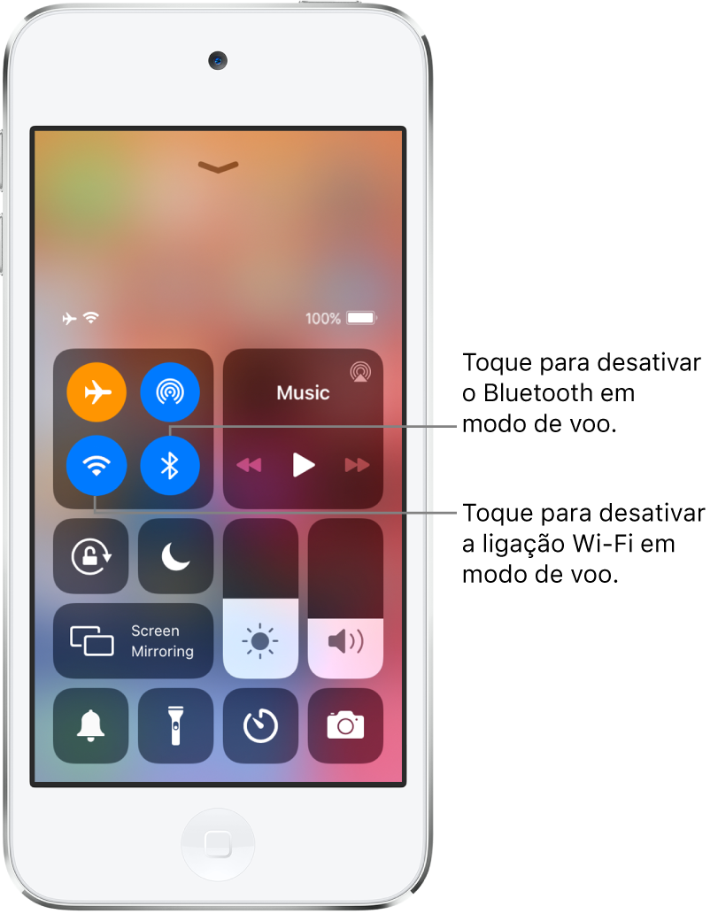 A central de controlo com o modo de voo ativado que mostra indicações a explicar como um toque no botão no canto inferior esquerdo no grupo do canto superior esquerdo desativa o Wi‑Fi e um toque no botão no canto inferior direito nesse grupo desativa o Bluetooth.