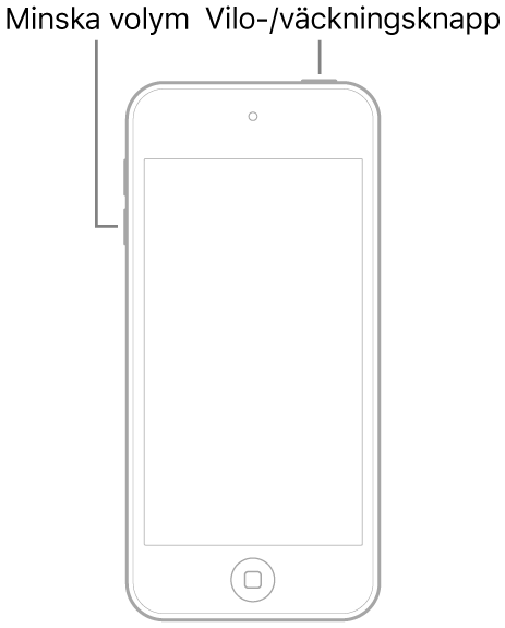Bild på iPod touch med skärmen vänd uppåt. Knappen för vila/väckning visas upptill på enheten och knappen för volym ned visas på vänster sida av enheten.