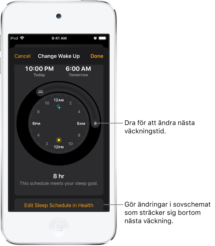 En skärm för att ändra morgondagens väckarklocka med knappar som kan dras för att ändra läggdagstid och väckningstid och en knapp för att ändra sovschemat i appen Hälsa.