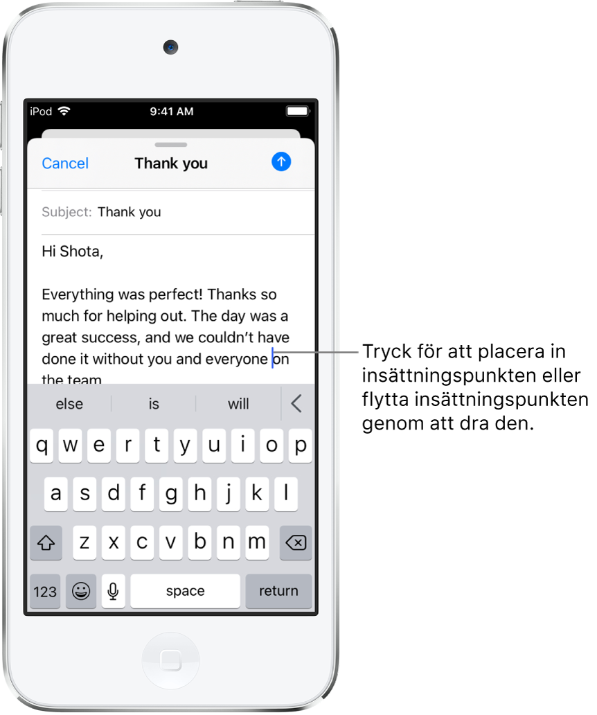 Ett mejlutkast med insättningspunkten placerad där texten ska infogas.