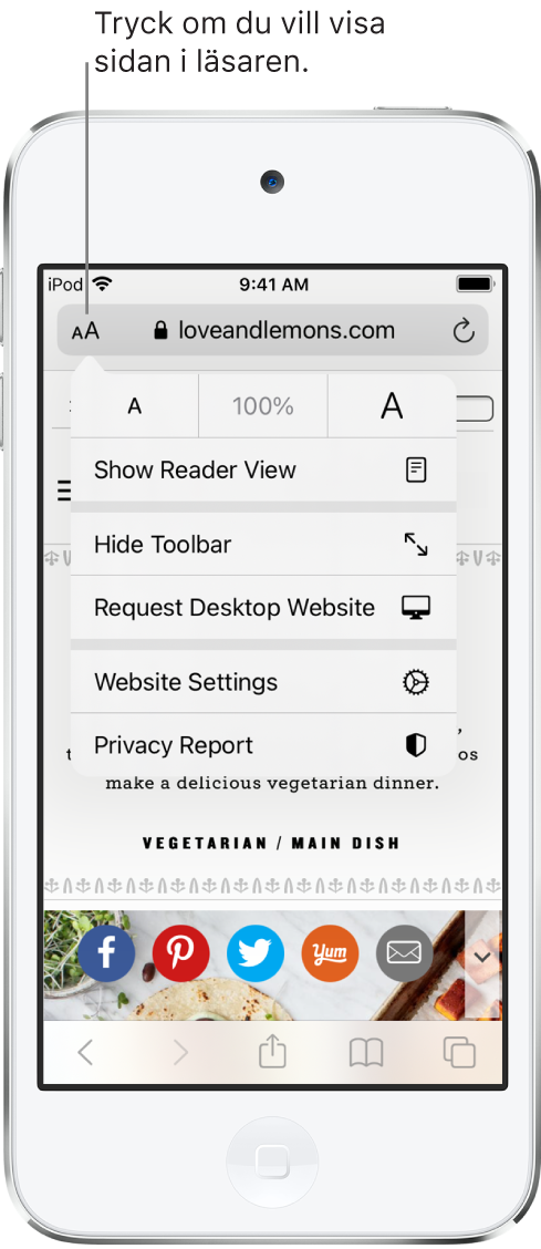 Adressfältet i Safari samt läsarknappen till vänster.