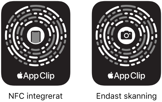 Till vänster finns en NFC-integrerad kod för appklipp med en iPhone-symbol i mitten. Till höger finns en NFC-kod som endast går att skanna med en kamerasymbol i mitten.