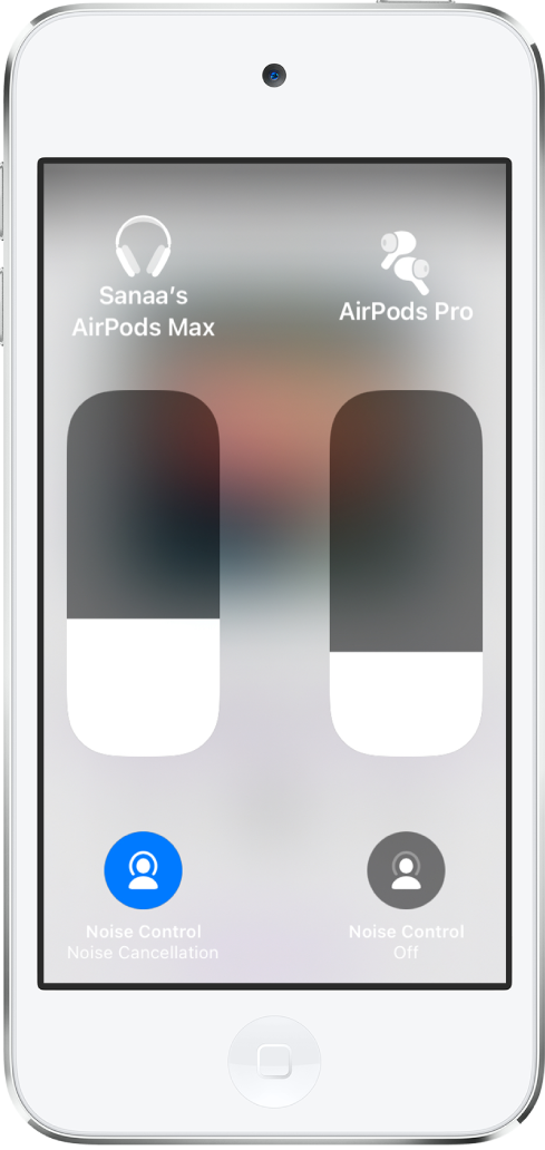 ตัวควบคุมแถบเลื่อนระดับเสียงสำหรับ AirPods สองชุด ปุ่มควบคุมเสียงรบกวนจะแสดงใต้ตัวควบคุมแถบเลื่อนระดับเสียง