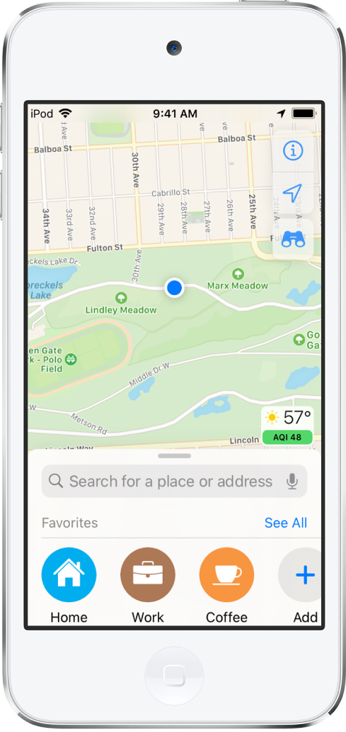 แผนที่ของสวนสาธารณะ และมีรายการโปรดสามรายการแสดงอยู่ด้านล่างสุดของหน้าจอ รายการโปรดเหล่านั้นคือบ้าน ที่ทำงาน และร้านกาแฟ