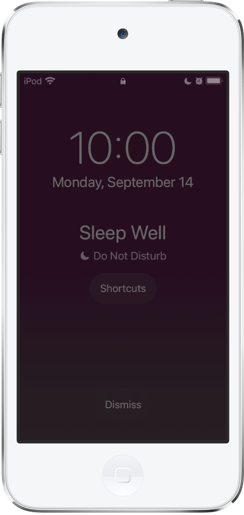 หน้าจอ iPod touch ที่แสดง “นอนหลับฝันดี” และ “ห้ามรบกวนเปิดอยู่” ตรงกลาง ด้านล่างคือปุ่มคำสั่งลัด ที่ด้านล่างสุดของหน้าจอคือปุ่มปิดทิ้ง