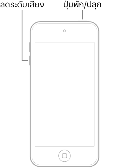 ภาพประกอบของ iPod touch ซึ่งหงายหน้าจอขึ้น ปุ่มพัก/ปลุกแสดงอยู่ที่ด้านบนสุดของอุปกรณ์ และปุ่มลดระดับเสียงแสดงอยู่ด้านซ้ายของอุปกรณ์