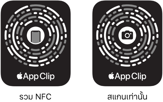 ที่ด้านซ้าย โค้ดสำหรับแอพคลิปที่รวม NFC โดยมีไอคอน iPhone อยู่ตรงกึ่งกลาง ที่ด้านขวา โค้ดสำหรับแอพคลิปแบบสแกนอย่างเดียว โดยมีไอคอนกล้องอยู่ตรงกึ่งกลาง